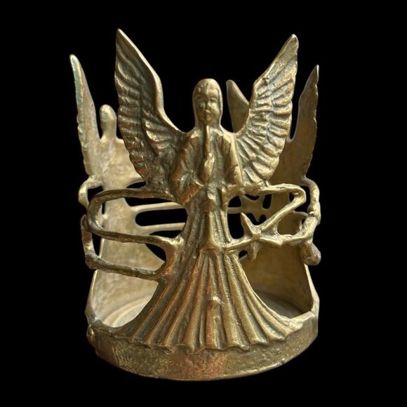 Brass Angel Candle Holder Vintage Christmas Praying Round Korea - Picture 1 of 5
